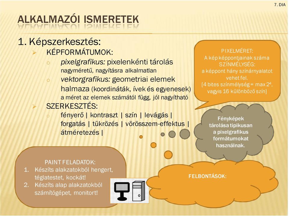 elemek számától függ, jól nagyítható SZERKESZTÉS: fényerő kntraszt szín levágás frgatás tükrözés vörösszem-effektus átméretezés PIXELMÉRET: A kép képpntjainak száma SZÍNMÉLYSÉG: a képpnt