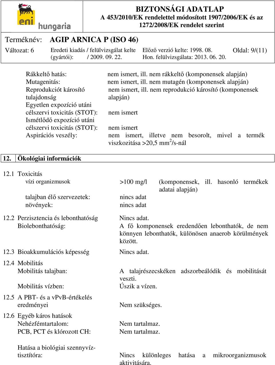 nem reprodukció károsító (komponensek alapján) nem ismert nem ismert nem ismert, illetve nem besorolt, mivel a termék viszkozitása >20,5 mm 2 /s-nál 12. Ökológiai információk 12.