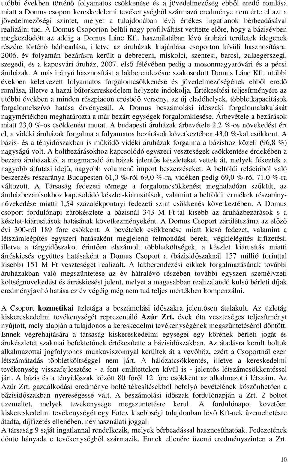 használatában lévı áruházi területek idegenek részére történı bérbeadása, illetve az áruházak kiajánlása csoporton kívüli hasznosításra. 2006.