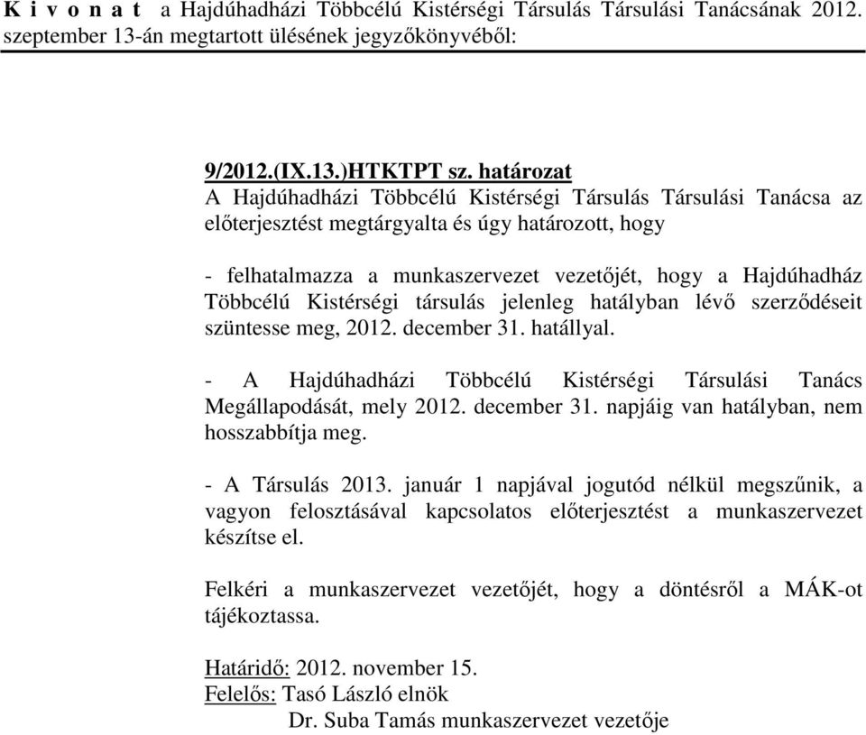 Kistérségi társulás jelenleg hatályban lévő szerződéseit szüntesse meg, 2012. december 31. hatállyal. - A Hajdúhadházi Többcélú Kistérségi Társulási Tanács Megállapodását, mely 2012. december 31. napjáig van hatályban, nem hosszabbítja meg.