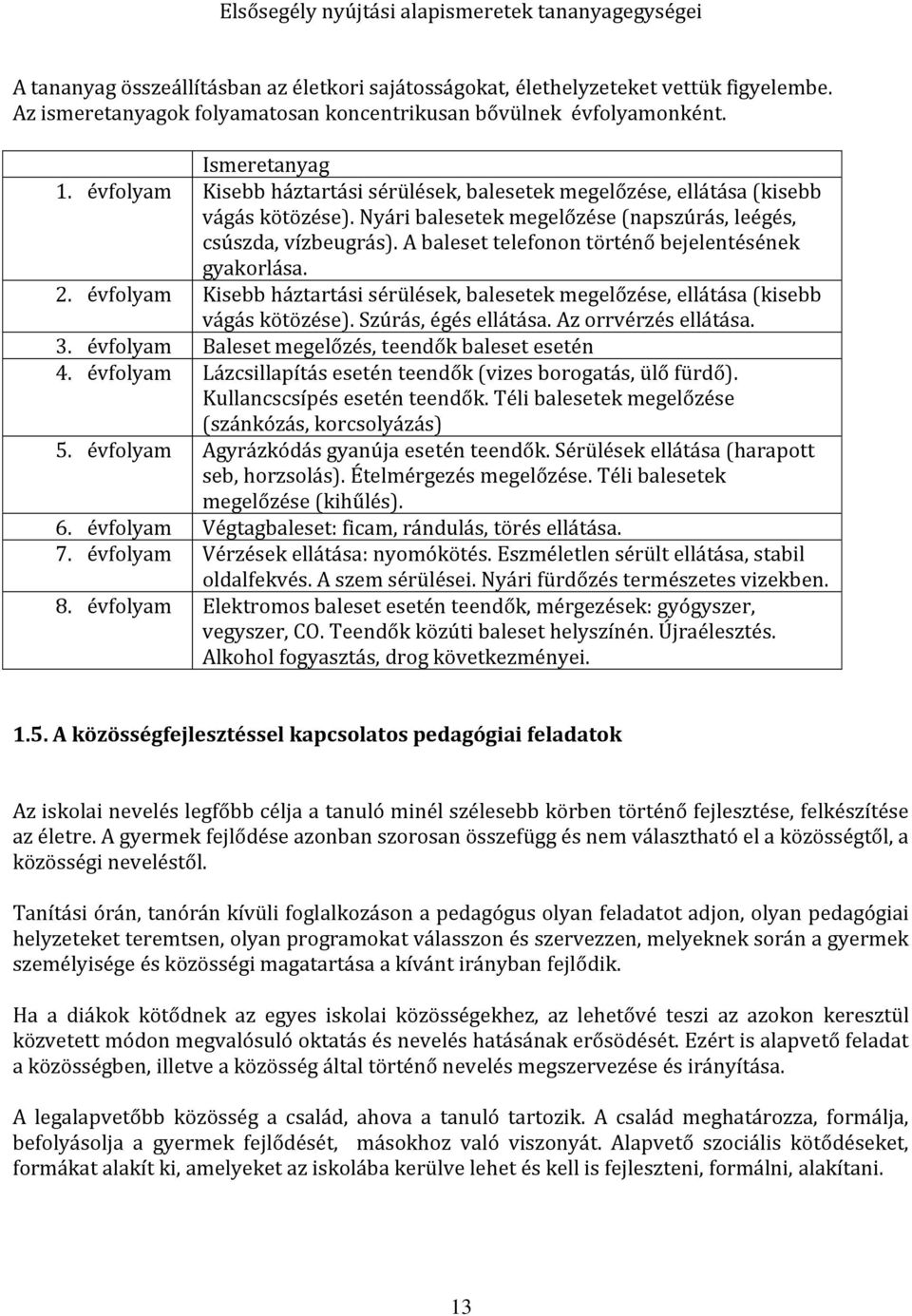 Nyári balesetek megelőzése (napszúrás, leégés, csúszda, vízbeugrás). A baleset telefonon történő bejelentésének gyakorlása. 2.