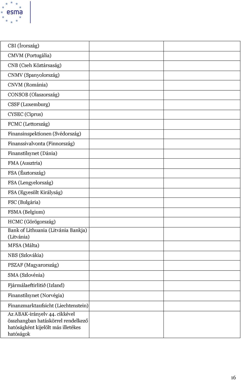 (Bulgária) FSMA (Belgium) HCMC (Görögország) Bank of Lithuania (Litvánia Bankja) (Litvánia) MFSA (Málta) NBS (Szlovákia) PSZAF (Magyarország) SMA (Szlovénia)