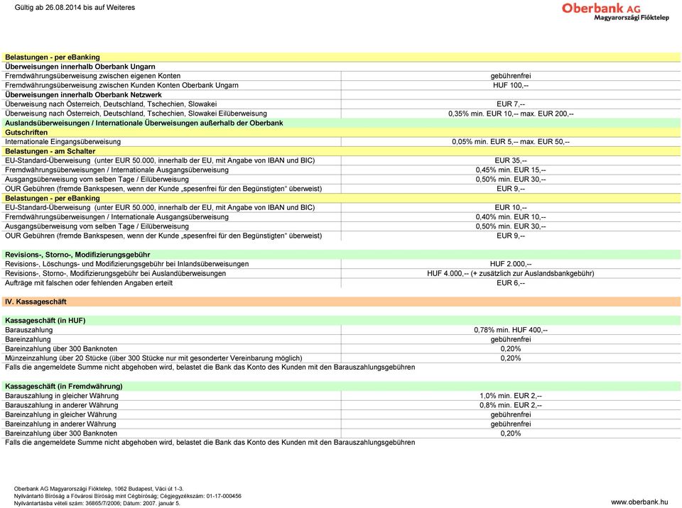 Ungarn HUF 100,-- Überweisungen innerhalb Oberbank Netzwerk Überweisung nach Österreich, Deutschland, schechien, Slowakei EUR 7,-- Überweisung nach Österreich, Deutschland, schechien, Slowakei