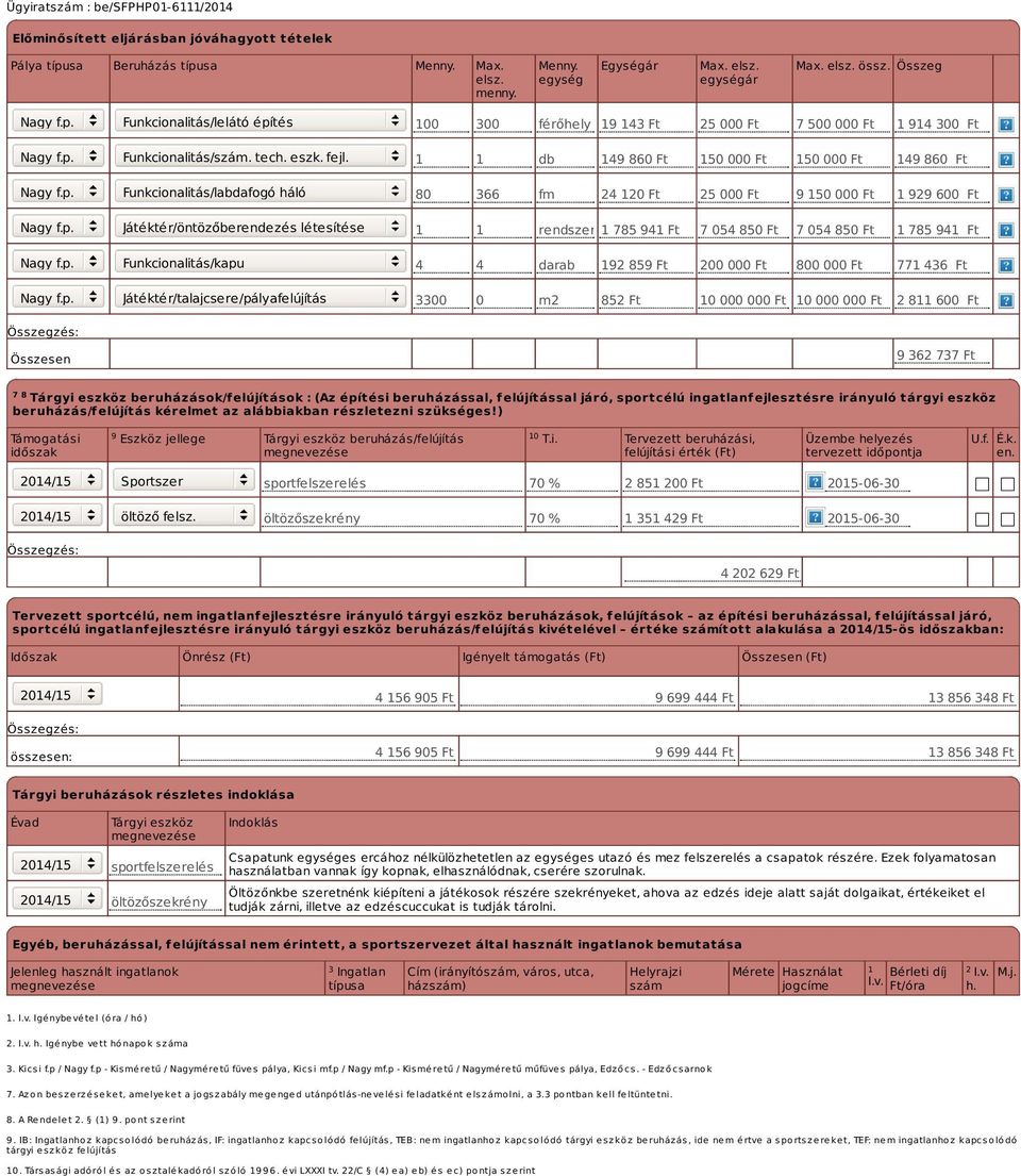 Funkcionalitás/labdafogó háló Játéktér/öntözőberendezés létesítése Funkcionalitás/kapu Játéktér/talajcsere/pályafelújítás 100 300 férőhely 19 143 Ft 25 000 Ft 7 500 000 Ft 1 914 300 Ft 1 1 db 149 860