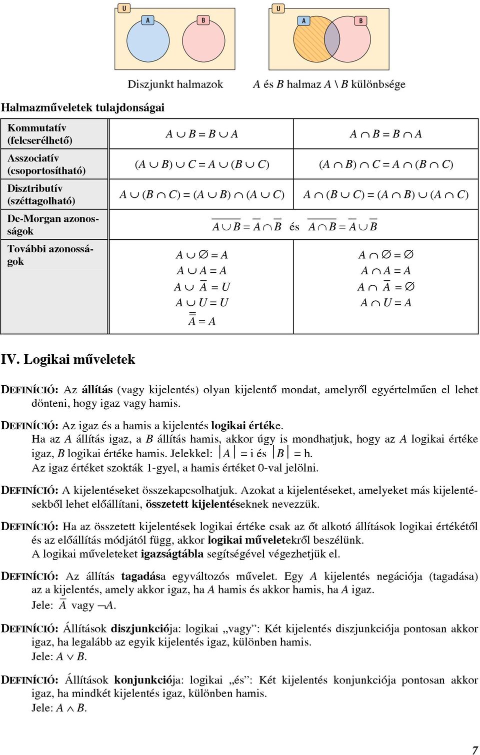 Logiki mûveletek DEFINÍCIÓ: z állítás (vgy kijelentés) olyn kijelentõ mondt, melyrõl egyértelmûen el lehet dönteni, hogy igz vgy hmis. DEFINÍCIÓ: z igz és hmis kijelentés logiki értéke.