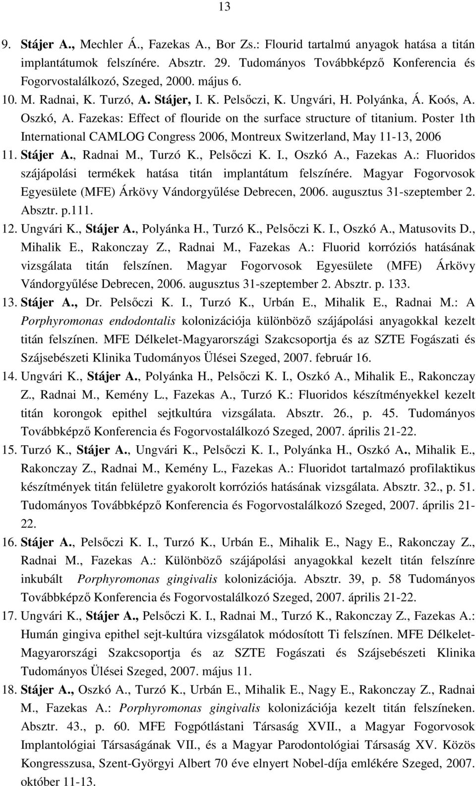 Poster 1th International CAMLOG Congress 2006, Montreux Switzerland, May 11-13, 2006 11. Stájer A., Radnai M., Turzó K., Pelsıczi K. I., Oszkó A., Fazekas A.