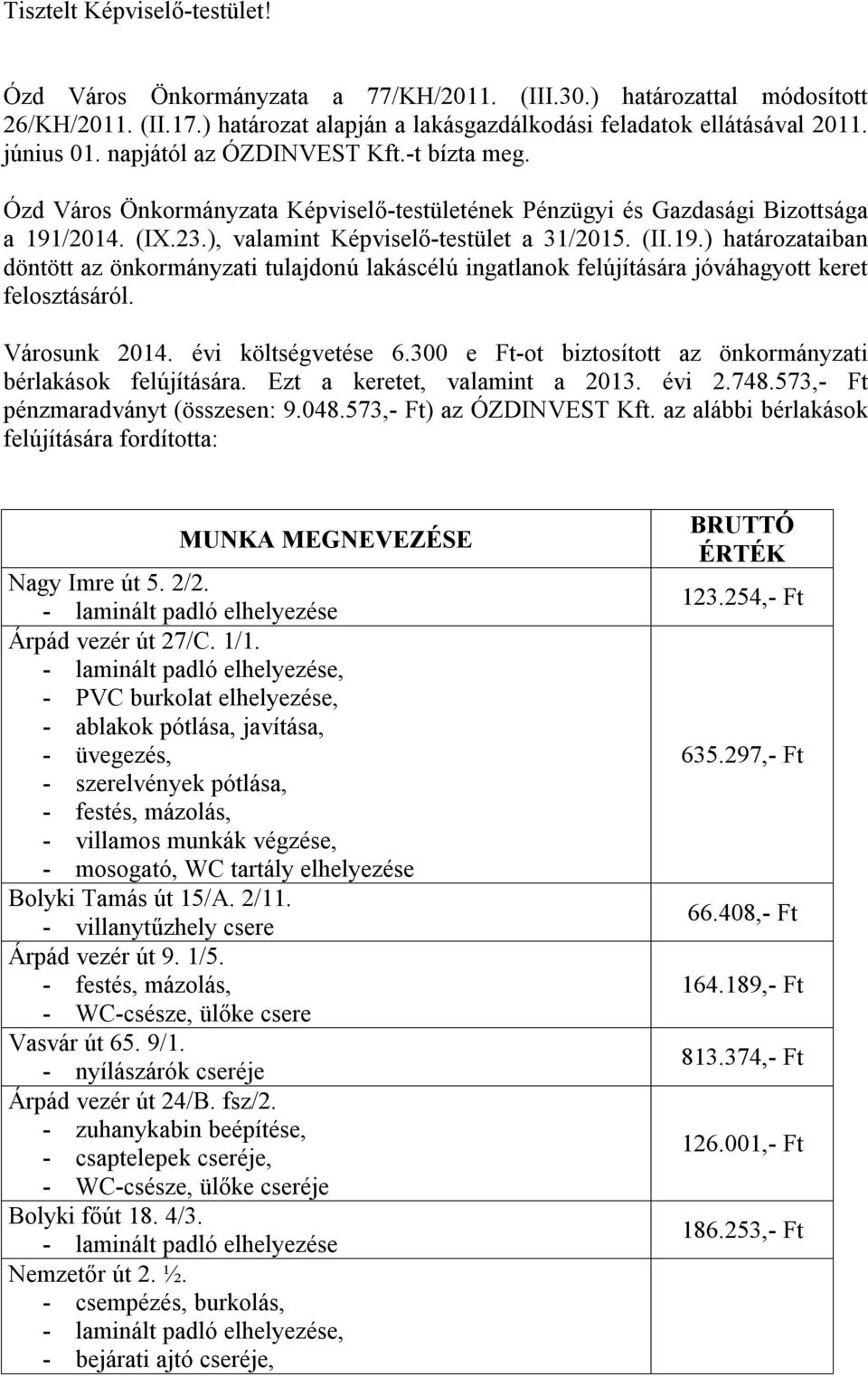 /2014. (IX.23.), valamint Képviselő-testület a 31/2015. (II.19.) határozataiban döntött az önkormányzati tulajdonú lakáscélú ingatlanok felújítására jóváhagyott keret felosztásáról. Városunk 2014.