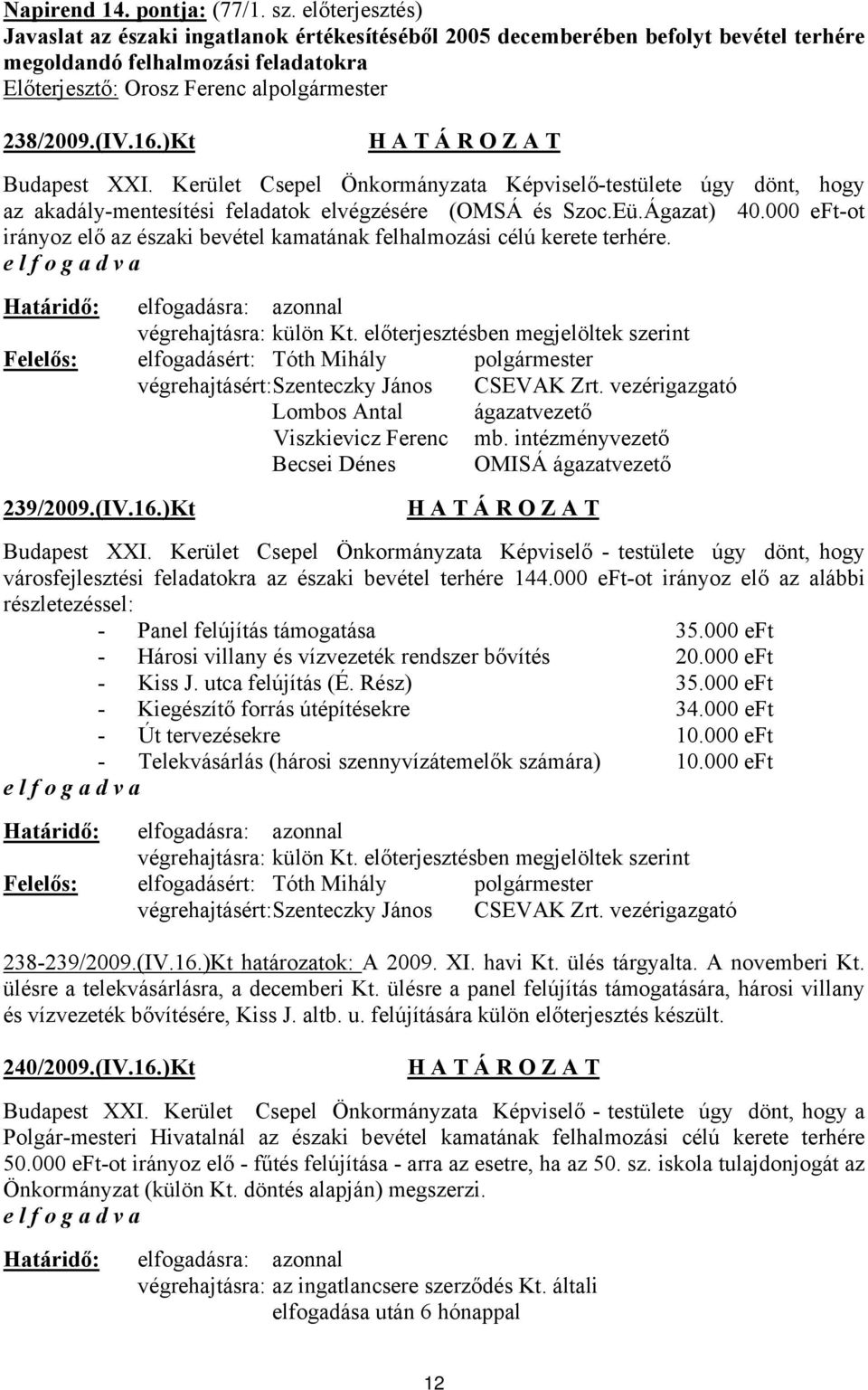 )Kt Budapest XXI. Kerület Csepel Önkormányzata Képviselő-testülete úgy dönt, hogy az akadály-mentesítési feladatok elvégzésére (OMSÁ és Szoc.Eü.Ágazat) 40.