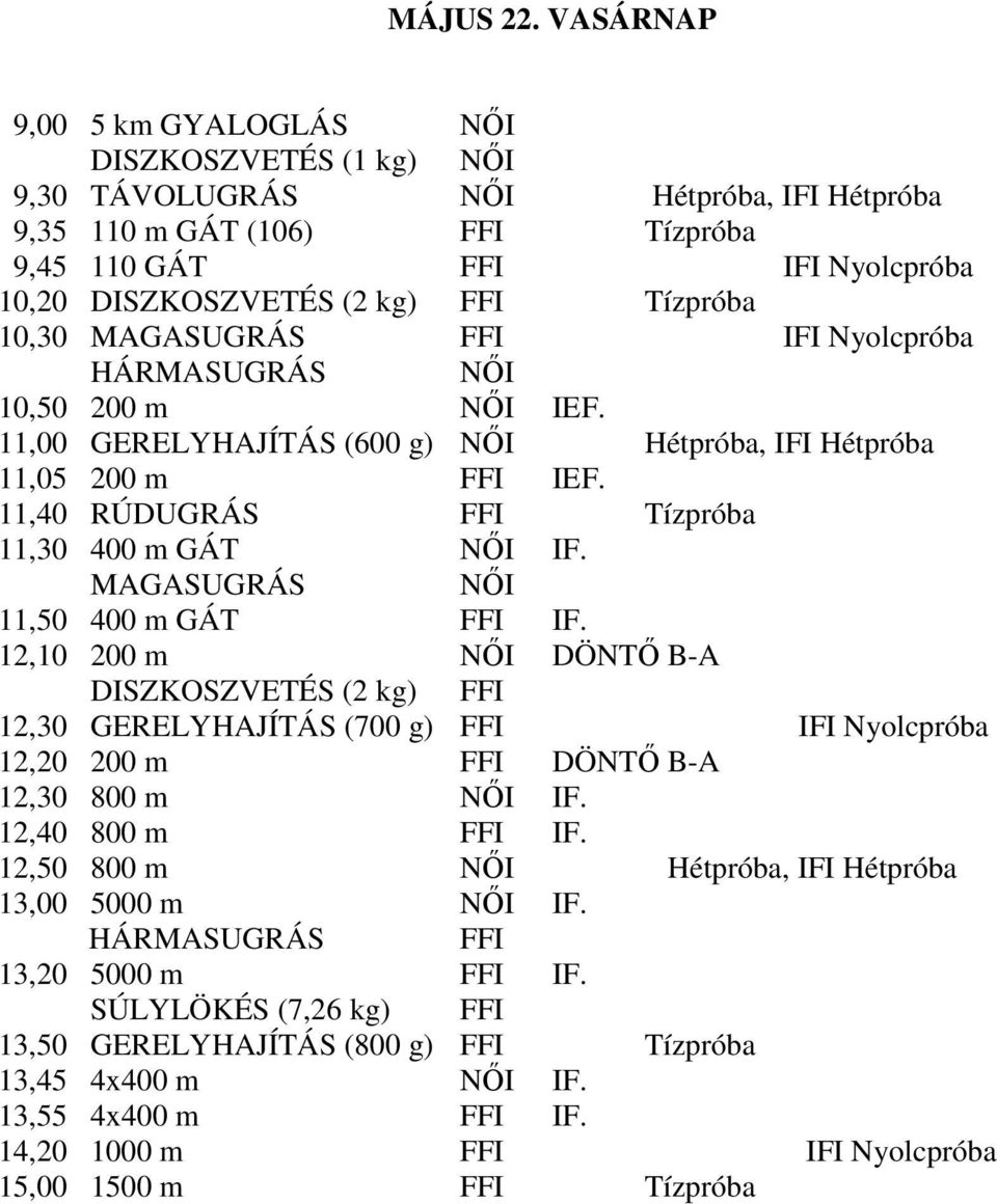 Tízpróba 10,30 MAGASUGRÁS FFI IFI Nyolcpróba HÁRMASUGRÁS NŐI 10,50 200 m NŐI IEF. 11,00 GERELYHAJÍTÁS (600 g) NŐI Hétpróba, IFI Hétpróba 11,05 200 m FFI IEF.