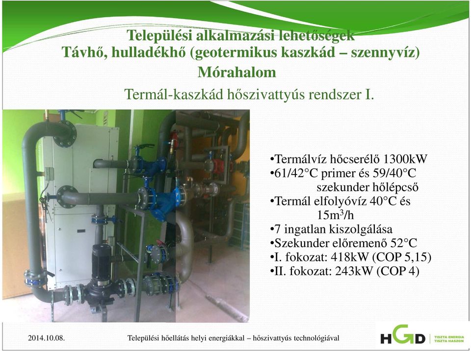 Termálvíz hőcserélő 1300kW 61/42 C primer és 59/40 C szekunder hőlépcső Termál