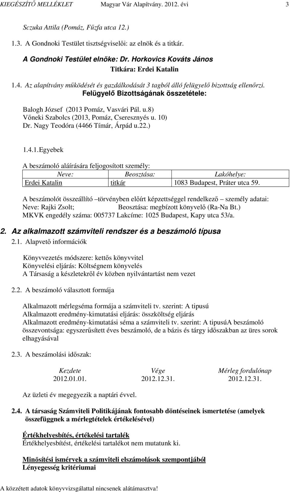 Felügyelő Bizottságának összetétele: Balogh József (2013 Pomáz, Vasvári Pál. u.8) Vőneki Szabolcs (2013, Pomáz, Cseresznyés u. 10) Dr. Nagy Teodóra (4466 Tímár, Árpád u.22.) 1.4.1. Egyebek A beszámoló aláírására feljogosított személy: Neve: Beosztása: Lakóhelye: Erdei Katalin titkár 1083 Budapest, Práter utca 59.