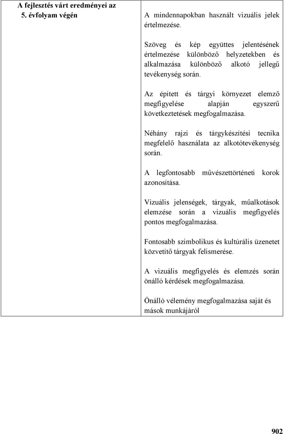 Az épített és tárgyi környezet elemző megfigyelése alapján egyszerű következtetések megfogalmazása. Néhány rajzi és tárgykészítési tecnika megfelelő használata az alkotótevékenység során.