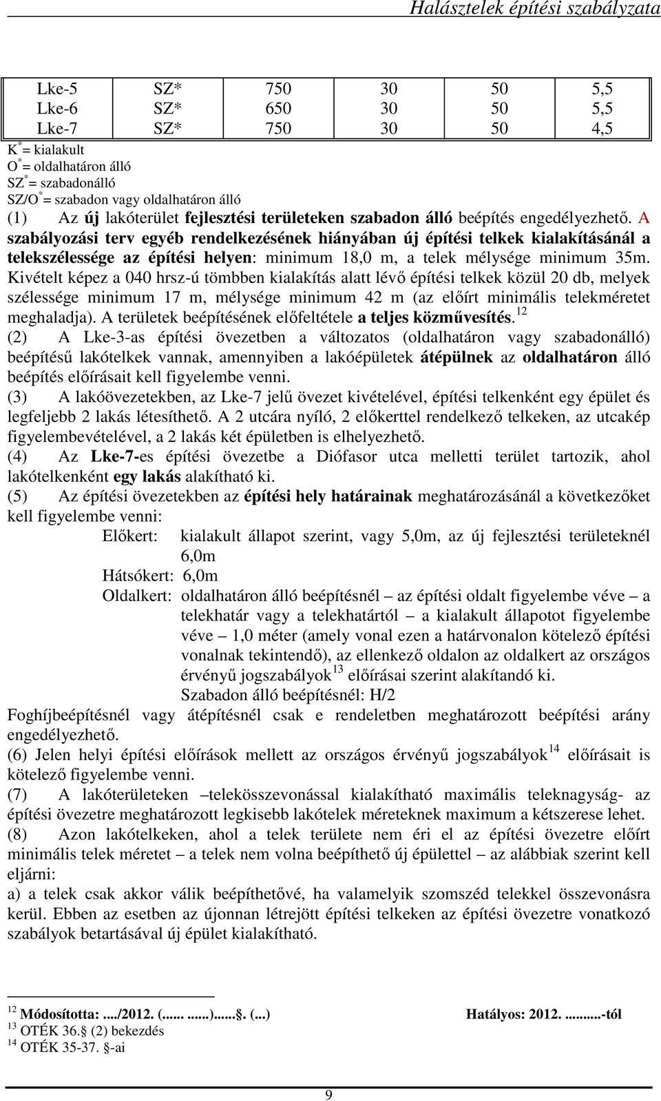 Kivételt képez a 0 hrsz-ú tömbben kialakítás alatt lévő építési telkek közül 20 db, melyek szélessége minimum 17 m, mélysége minimum 42 m (az előírt minimális telekméretet meghaladja).