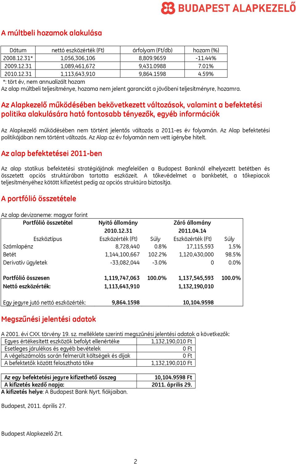 Az Alapkezelő működésében bekövetkezett változások, valamint a befektetési politika alakulására ható fontosabb tényezők, egyéb információk Az Alapkezelő működésében nem történt jelentős változás a