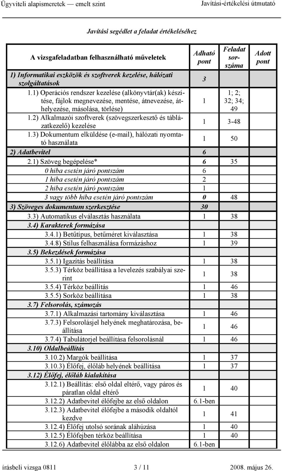 2) Alkalmazói szoftverek (szövegszerkesztő és táblázatkezelő) kezelése 1 3-48 1.3) Dokumentum elküldése (e-mail), hálózati nyomtató használata 1 50 2) Adatbevitel 6 2.