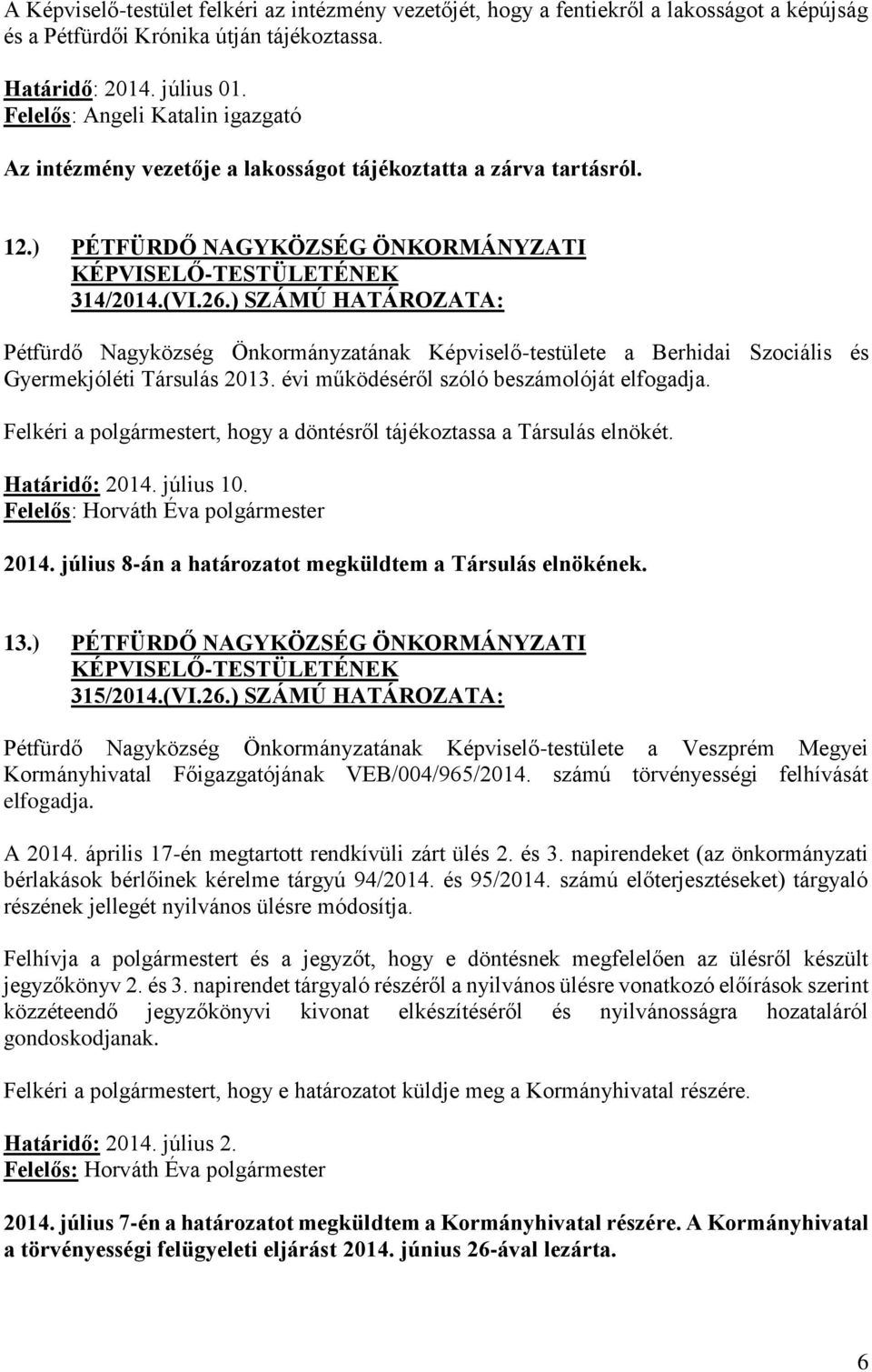 ) SZÁMÚ HATÁROZATA: Pétfürdő Nagyközség Önkormányzatának Képviselő-testülete a Berhidai Szociális és Gyermekjóléti Társulás 2013. évi működéséről szóló beszámolóját elfogadja.