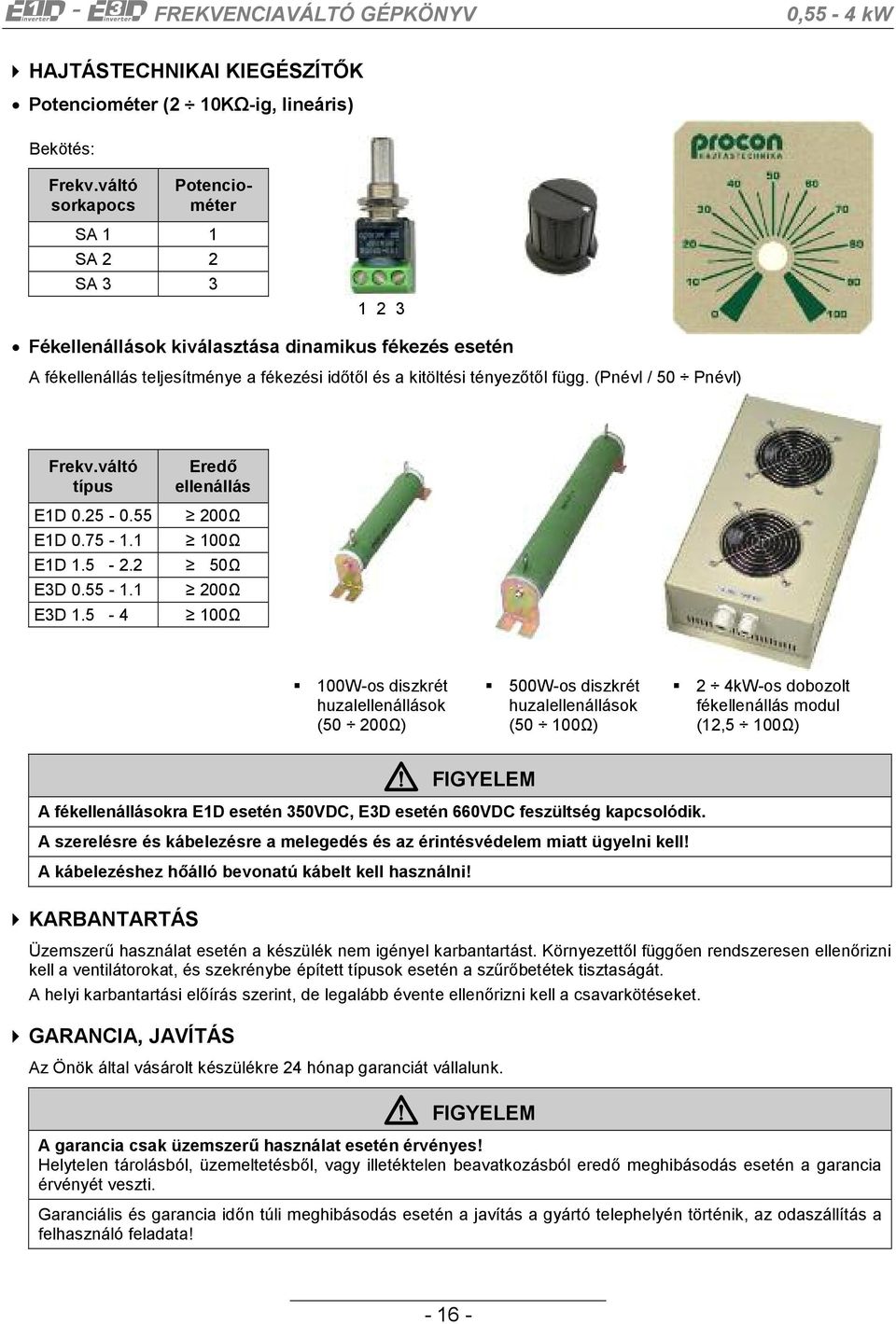 (Pnévl / 50 Pnévl) Frekv.váltó típus Eredő ellenállás E1D 0.25-0.55 200Ω E1D 0.75-1.1 100Ω E1D 1.5-2.2 50Ω E3D 0.55-1.1 200Ω E3D 1.