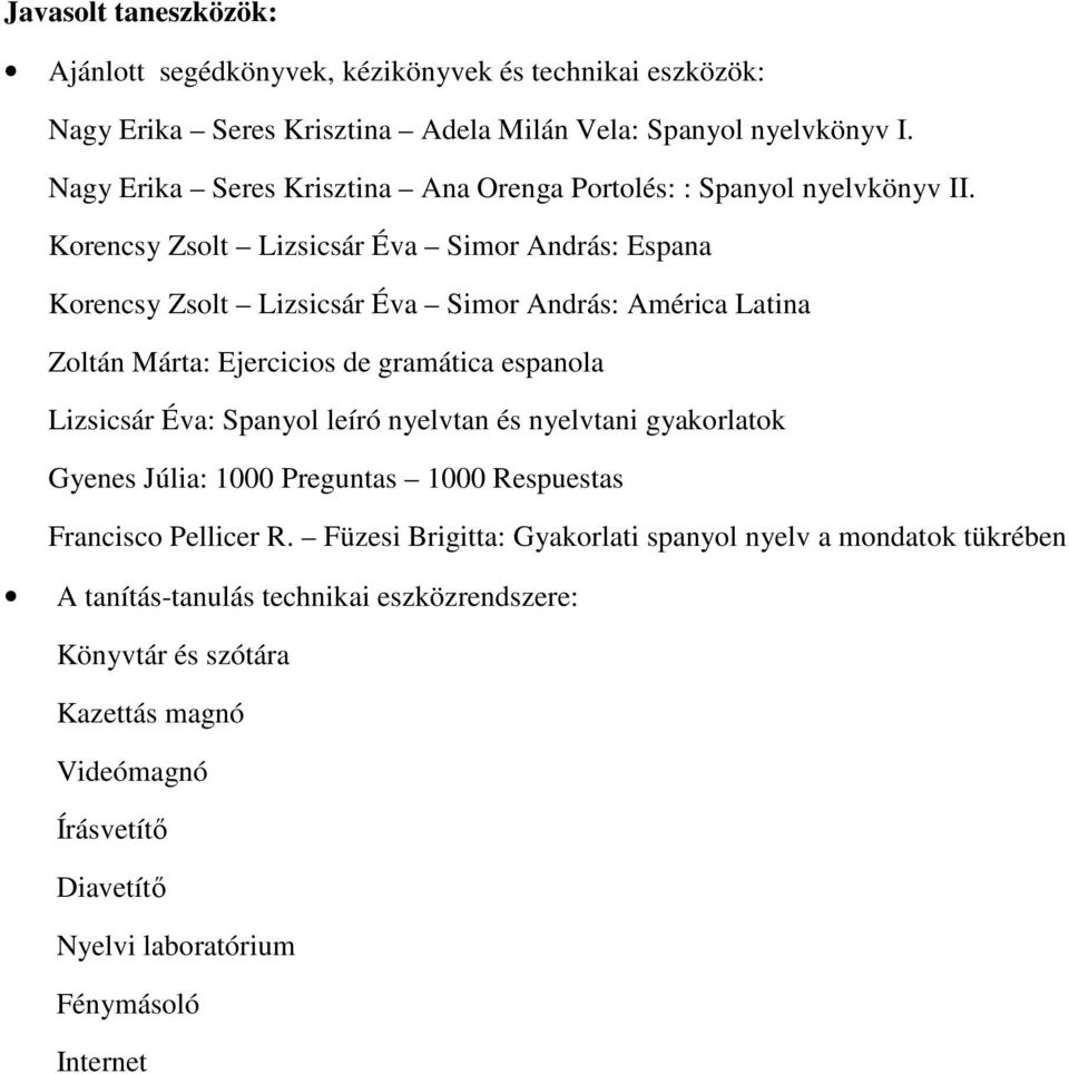 Korencsy Zsolt Lizsicsár Éva Simor András: Espana Korencsy Zsolt Lizsicsár Éva Simor András: América Latina Zoltán Márta: Ejercicios de gramática espanola Lizsicsár Éva: Spanyol