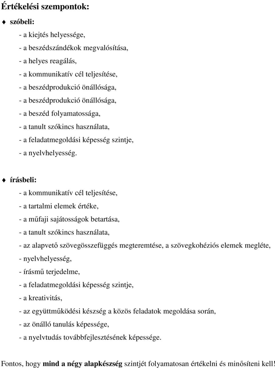 írásbeli: - a kommunikatív cél teljesítése, - a tartalmi elemek értéke, - a mőfaji sajátosságok betartása, - a tanult szókincs használata, - az alapvetı szövegösszefüggés megteremtése, a