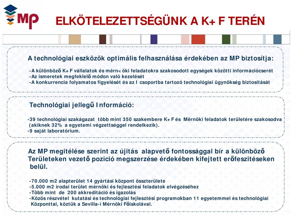 technológiai szakágazat több mint 350 szakembere K+F és Mërnöki feladatok területére szakosodva (akiknek 32% a egyetemi végzettséggel rendelkezik). -9 saját laboratórium.