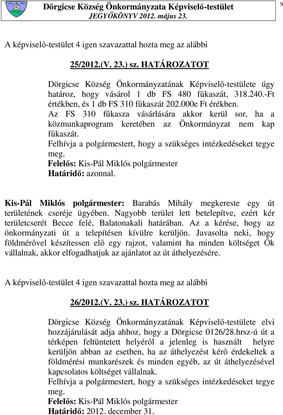 Határidı: azonnal. Kis-Pál Miklós polgármester: Barabás Mihály megkereste egy út területének cseréje ügyében.