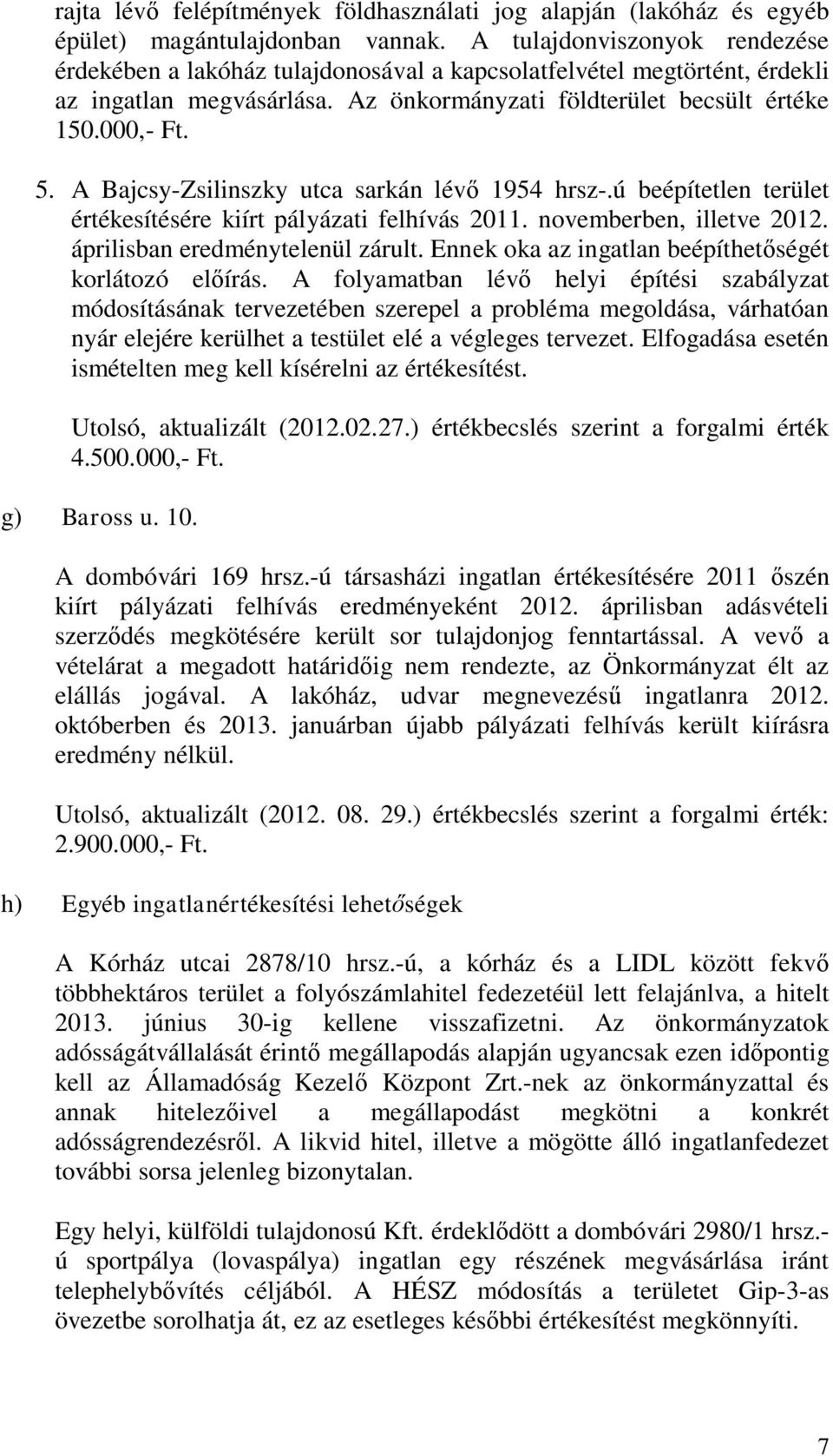 A Bajcsy-Zsilinszky utca sarkán lévő 1954 hrsz-.ú beépítetlen terület értékesítésére kiírt pályázati felhívás 2011. novemberben, illetve 2012. áprilisban eredménytelenül zárult.