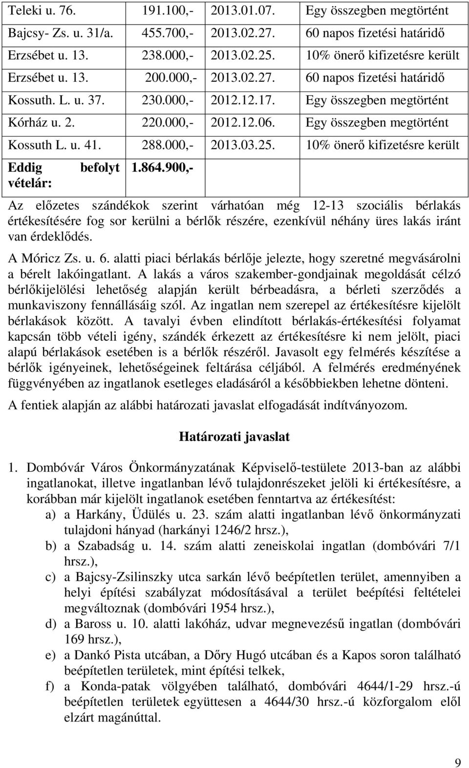 Egy összegben megtörtént Kossuth L. u. 41. 288.000,- 2013.03.25. 10% önerő kifizetésre került Eddig vételár: befolyt 1.864.