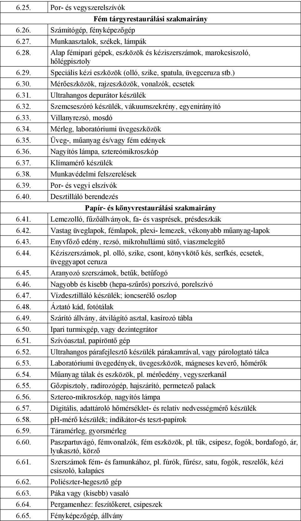 Mérőeszközök, rajzeszközök, vonalzók, ecsetek 6.31. Ultrahangos depurátor készülék 6.32. Szemcseszóró készülék, vákuumszekrény, egyenirányító 6.33. Villanyrezsó, mosdó 6.34.