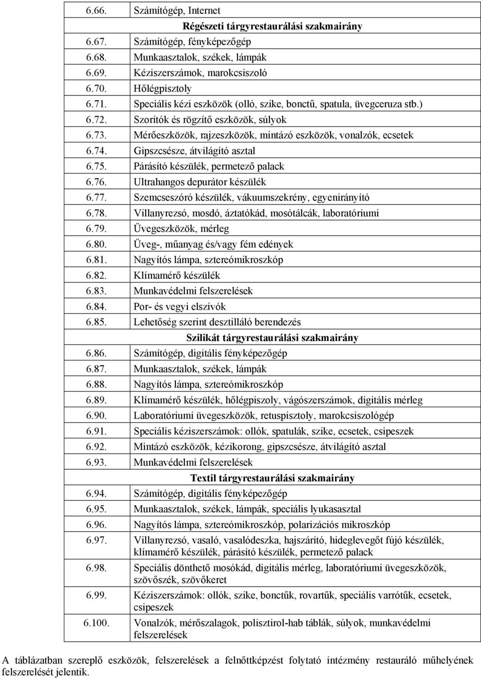 Gipszcsésze, átvilágító asztal 6.75. Párásító készülék, permetező palack 6.76. Ultrahangos depurátor készülék 6.77. Szemcseszóró készülék, vákuumszekrény, egyenirányító 6.78.