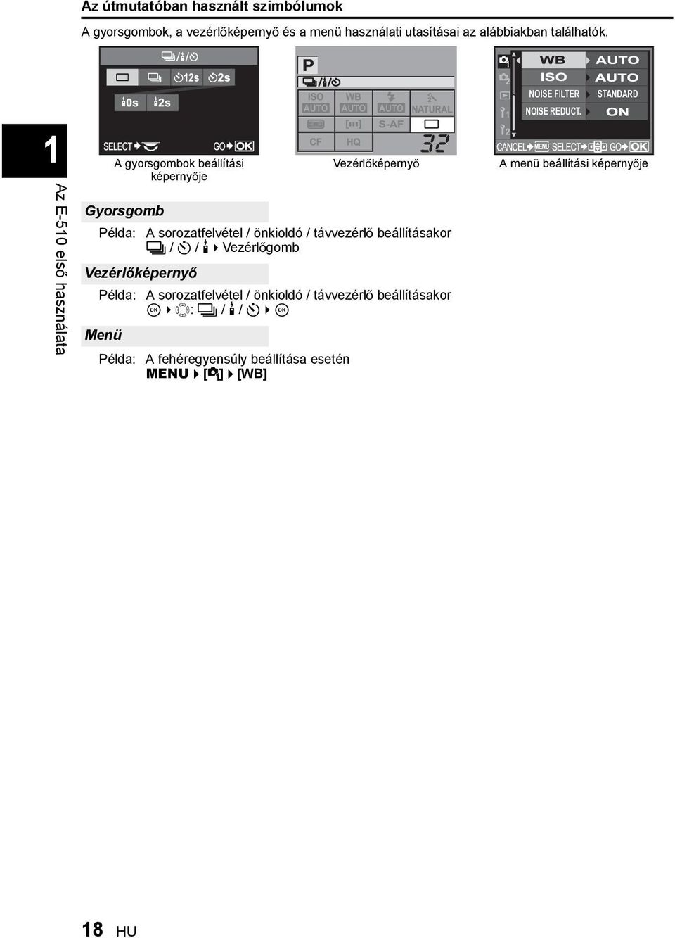 STANDARD 1Az E-510 els használata Gyorsgomb Példa: A sorozatfelvétel / önkioldó / távvezérl beállításakor j / Y / < Vezérl gomb