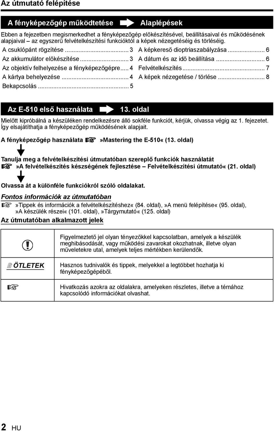 .. 6 Az objektív felhelyezése a fényképez gépre... 4 Felvételkészítés... 7 A kártya behelyezése... 4 A képek nézegetése / törlése... 8 Bekapcsolás... 5 Az E-510 els használata 13.