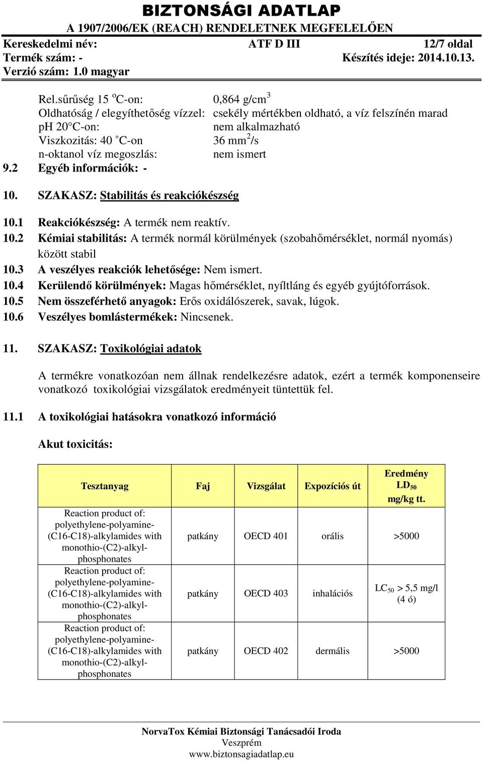 megoszlás: nem ismert 9.2 Egyéb információk: - 10. SZAKASZ: Stabilitás és reakciókészség 10.1 Reakciókészség: A termék nem reaktív. 10.2 Kémiai stabilitás: A termék normál körülmények (szobahőmérséklet, normál nyomás) között stabil 10.