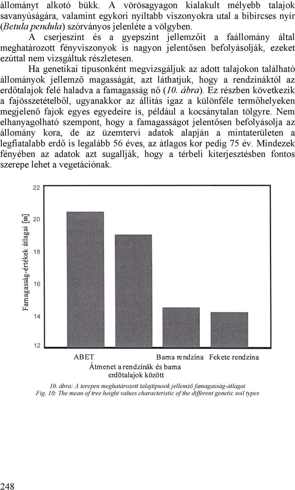 Ha genetikai típusonként megvizsgáljuk az adott talajokon található állományok jellemző magasságát, azt láthatjuk, hogy a rendzináktól az erdőtalajok felé haladva a famagasság nő (10. ábra).