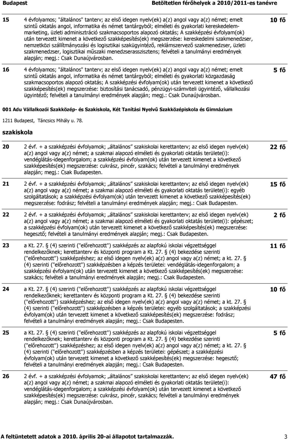 nemzetközi szállítmányozási és logisztikai szakügyintéző, reklámszervező szakmenedzser, üzleti szakmenedzser, logisztikai műszaki menedzserasszisztens; felvételi a tanulmányi eredmények alapján; megj.