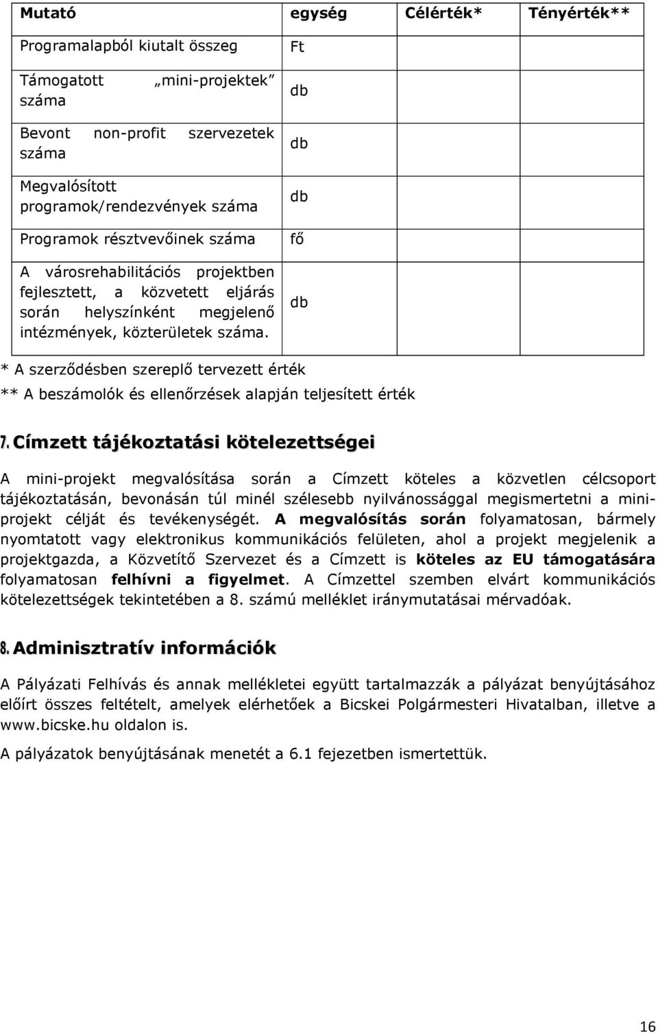 Ft db db db fő db * A szerződésben szereplő tervezett érték ** A beszámolók és ellenőrzések alapján teljesített érték 7.