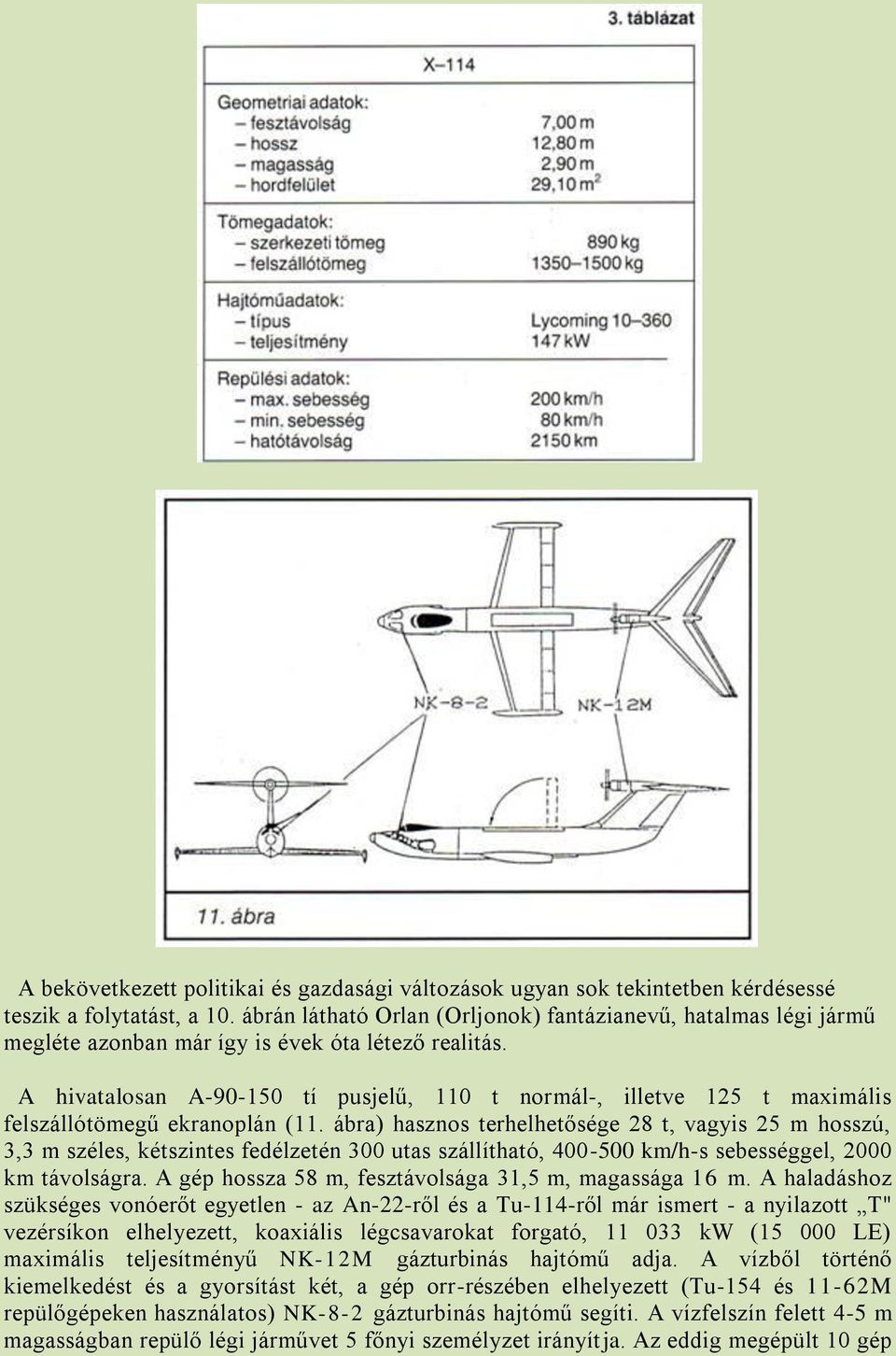 A hivatalosan A-90-150 tí pusjelű, 110 t normál-, illetve 125 t maximális felszállótömegű ekranoplán (11.