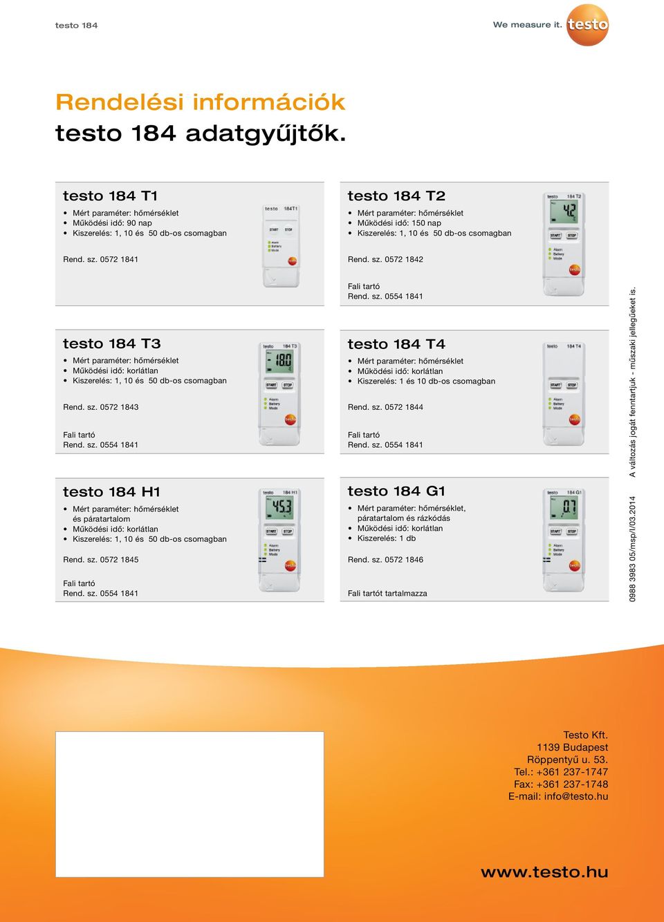 0572 1841 Rend. sz. 0572 1842 testo 184 T3 Működési idő: korlátlan Kiszerelés: 1, 10 és 50 db-os csomagban Fali tartó Rend. sz. 0554 1841 testo 184 H1 és páratartalom Működési idő: korlátlan Kiszerelés: 1, 10 és 50 db-os csomagban Rend.