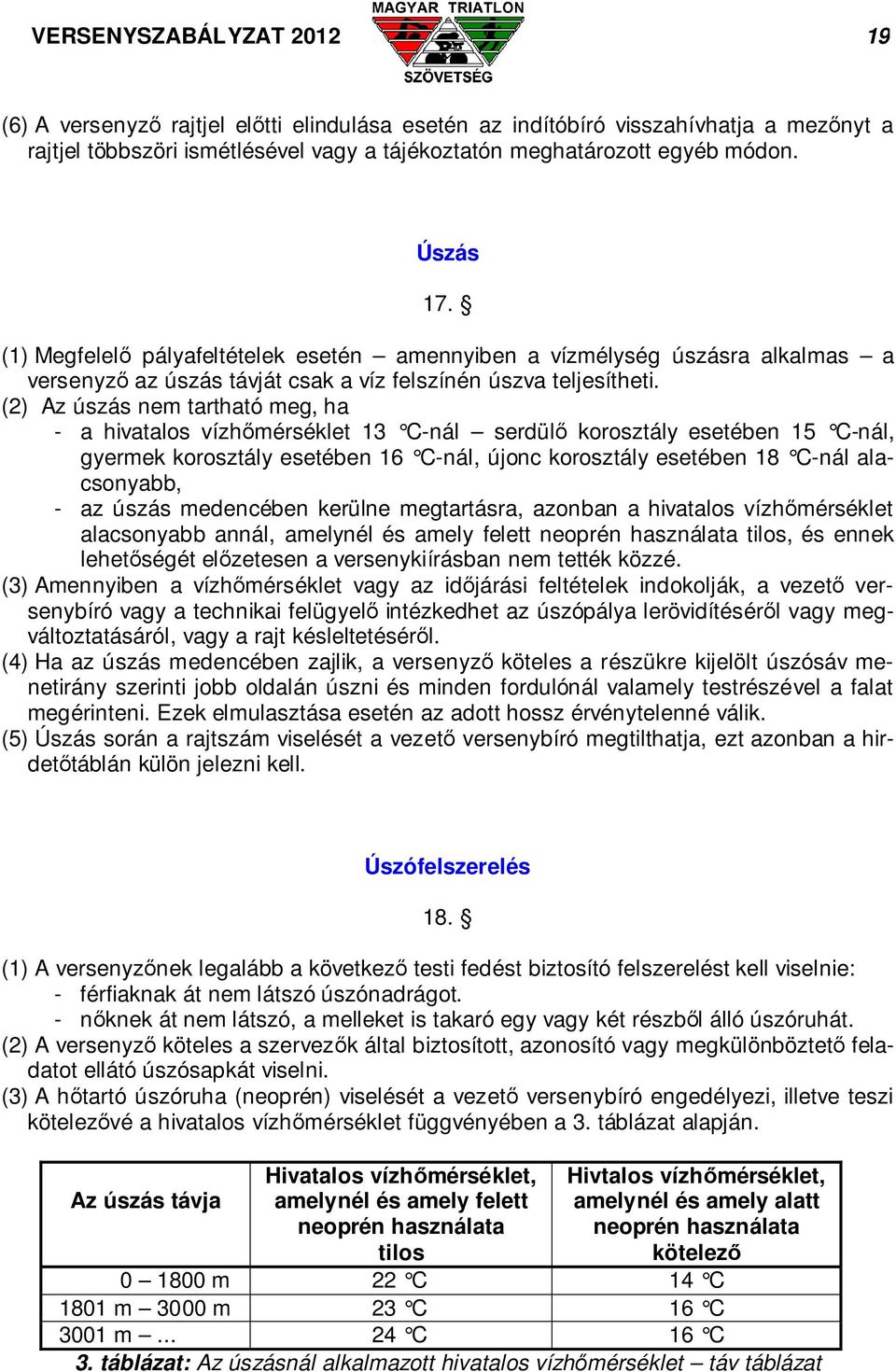 (2) Az úszás nem tartható meg, ha - a hivatalos vízhőmérséklet 13 C-nál serdülő korosztály esetében 15 C-nál, gyermek korosztály esetében 16 C-nál, újonc korosztály esetében 18 C-nál alacsonyabb, -