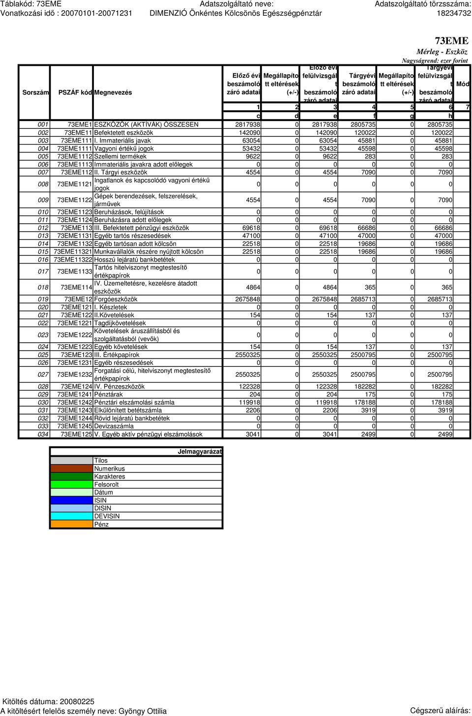 Immateriális javak 63054 0 63054 45881 0 45881 004 73EME1111 Vagyoni értékő jogok 53432 0 53432 45598 0 45598 005 73EME1112 Szellemi termékek 9622 0 9622 283 0 283 006 73EME1113 Immateriális javakra