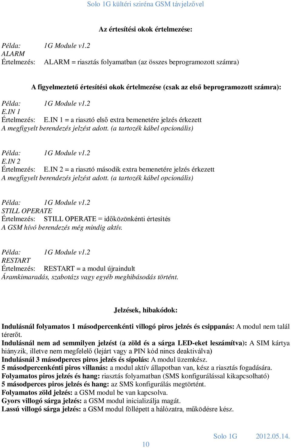 IN 1 Értelmezés: E.IN 1 = a riasztó első extra bemenetére jelzés érkezett A megfigyelt berendezés jelzést adott. (a tartozék kábel opcionális) Példa: 1G Module v1.2 E.IN 2 Értelmezés: E.