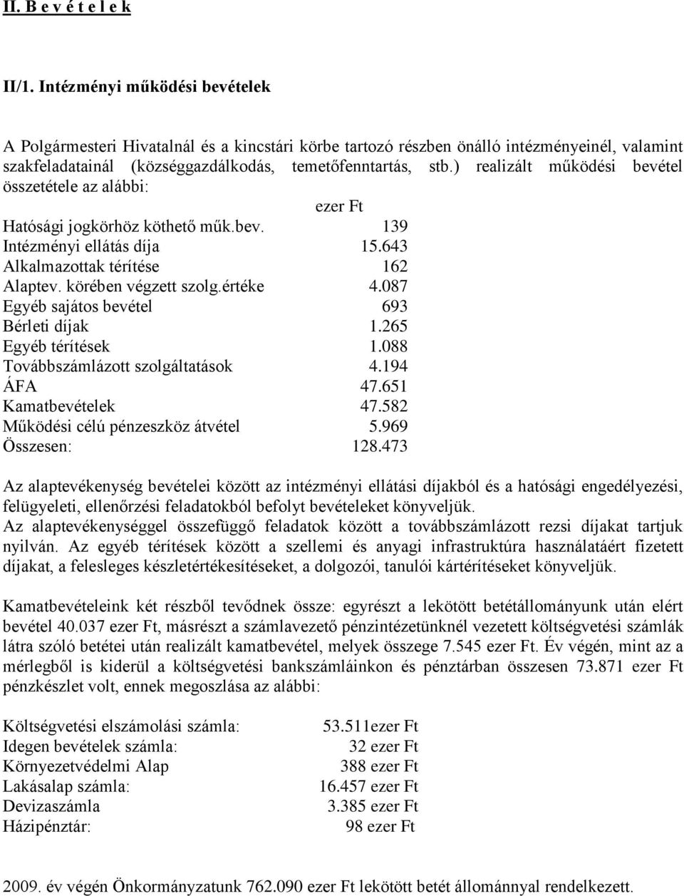 ) realizált működési bevétel összetétele az alábbi: ezer Ft Hatósági jogkörhöz köthető műk.bev. 139 Intézményi ellátás díja 15.643 Alkalmazottak térítése 162 Alaptev. körében végzett szolg.értéke 4.