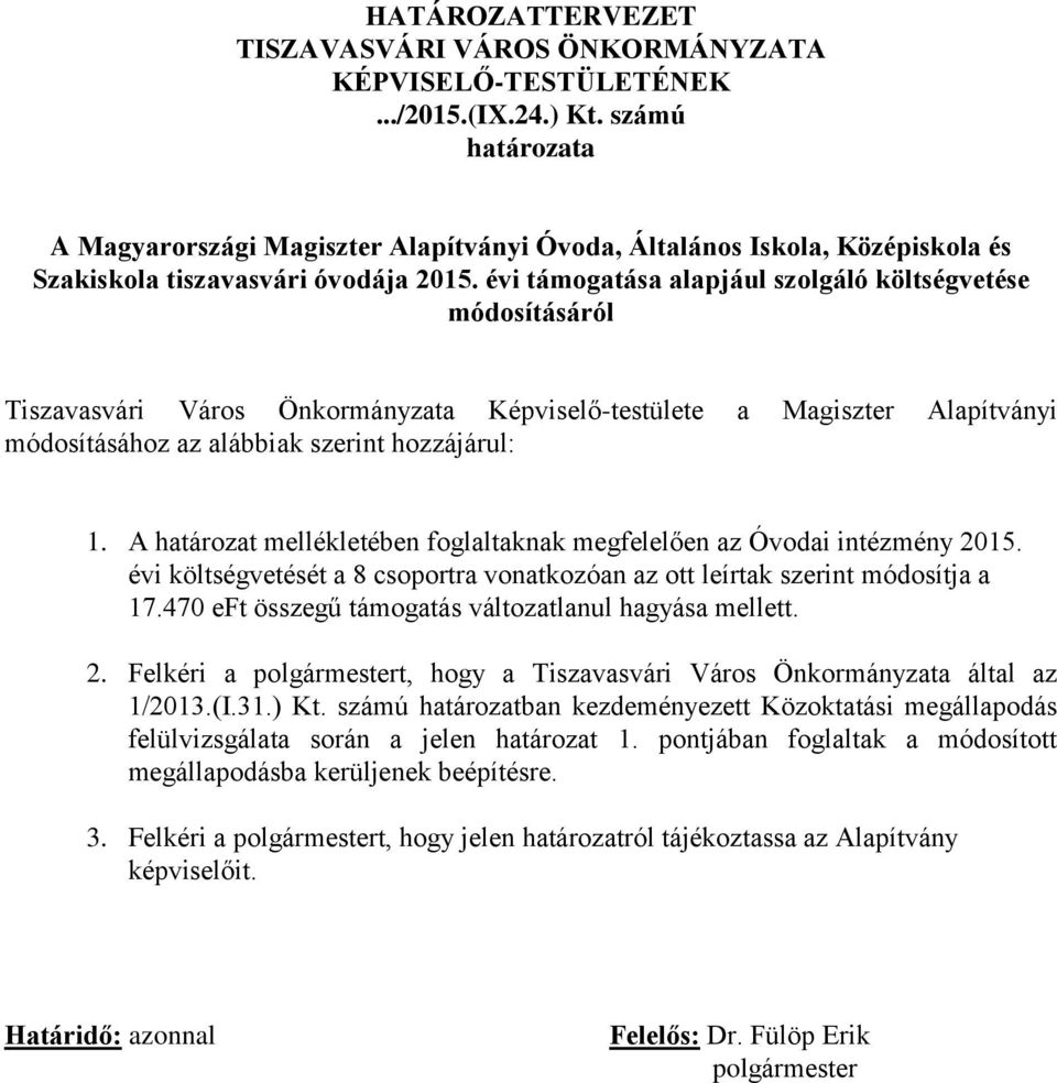 évi támogatása alapjául szolgáló költségvetése módosításáról Tiszavasvári Város Önkormányzata Képviselő-testülete a Magiszter Alapítványi módosításához az alábbiak szerint hozzájárul: 1.