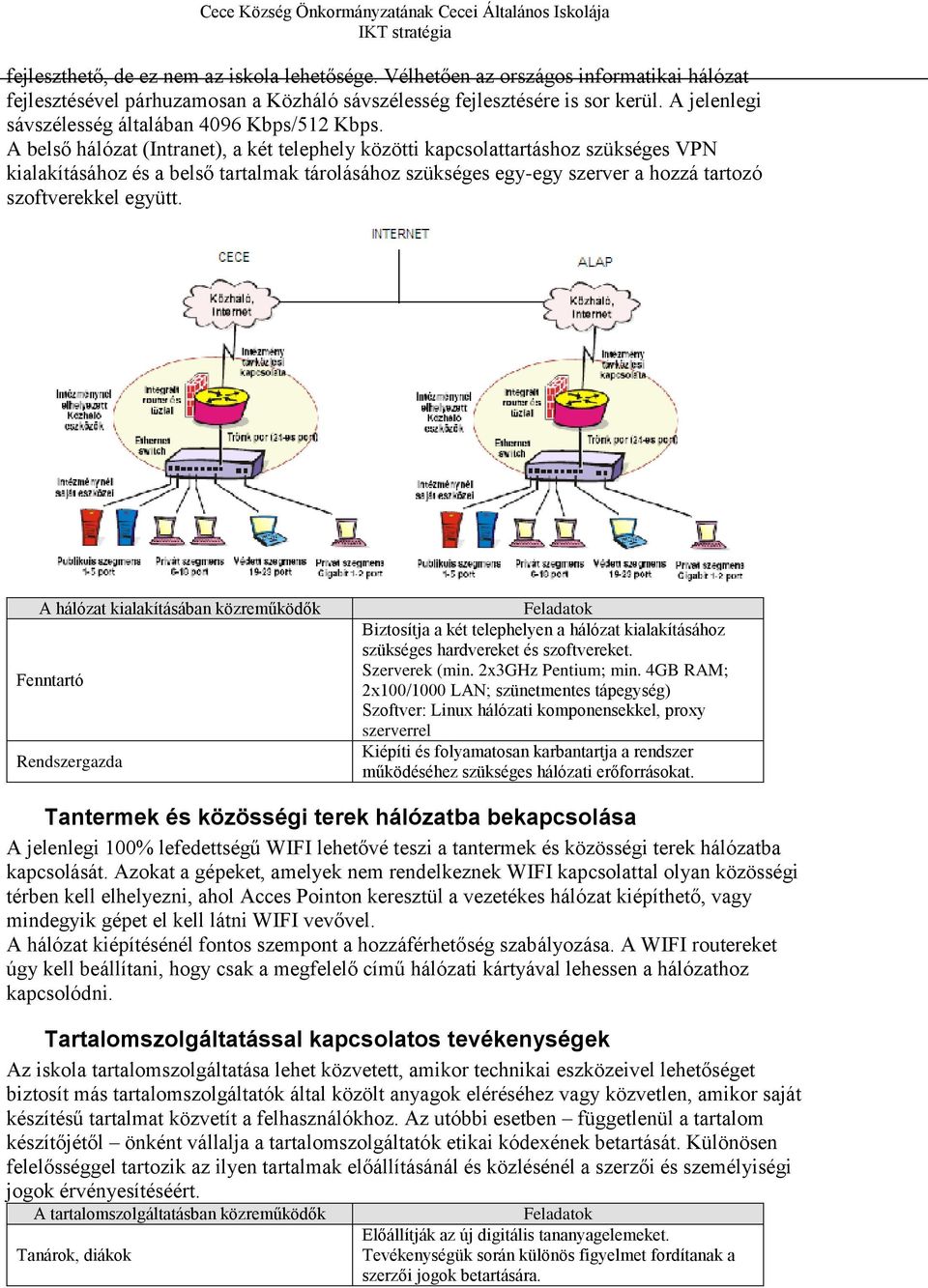 A belső hálózat (Intranet), a két telephely közötti kapcsolattartáshoz szükséges VPN kialakításához és a belső tartalmak tárolásához szükséges egy-egy szerver a hozzá tartozó szoftverekkel együtt.