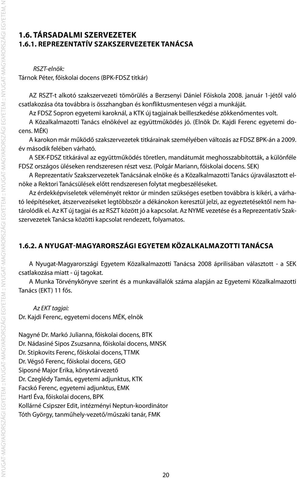 6.1. Reprezentatív Szakszervezetek Tanácsa RSZT-elnök: Tárnok Péter, főiskolai docens (BPK-FDSZ titkár) AZ RSZT-t alkotó szakszervezeti tömörülés a Berzsenyi Dániel Főiskola 2008.