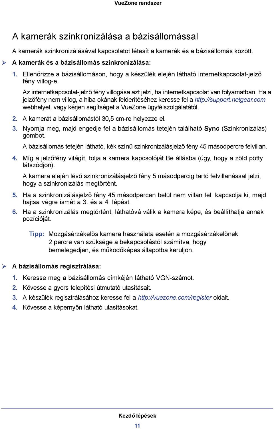 Ha a jelzőfény nem villog, a hiba okának felderítéséhez keresse fel a http://support.netgear.com webhelyet, vagy kérjen segítséget a VueZone ügyfélszolgálatától. 2.