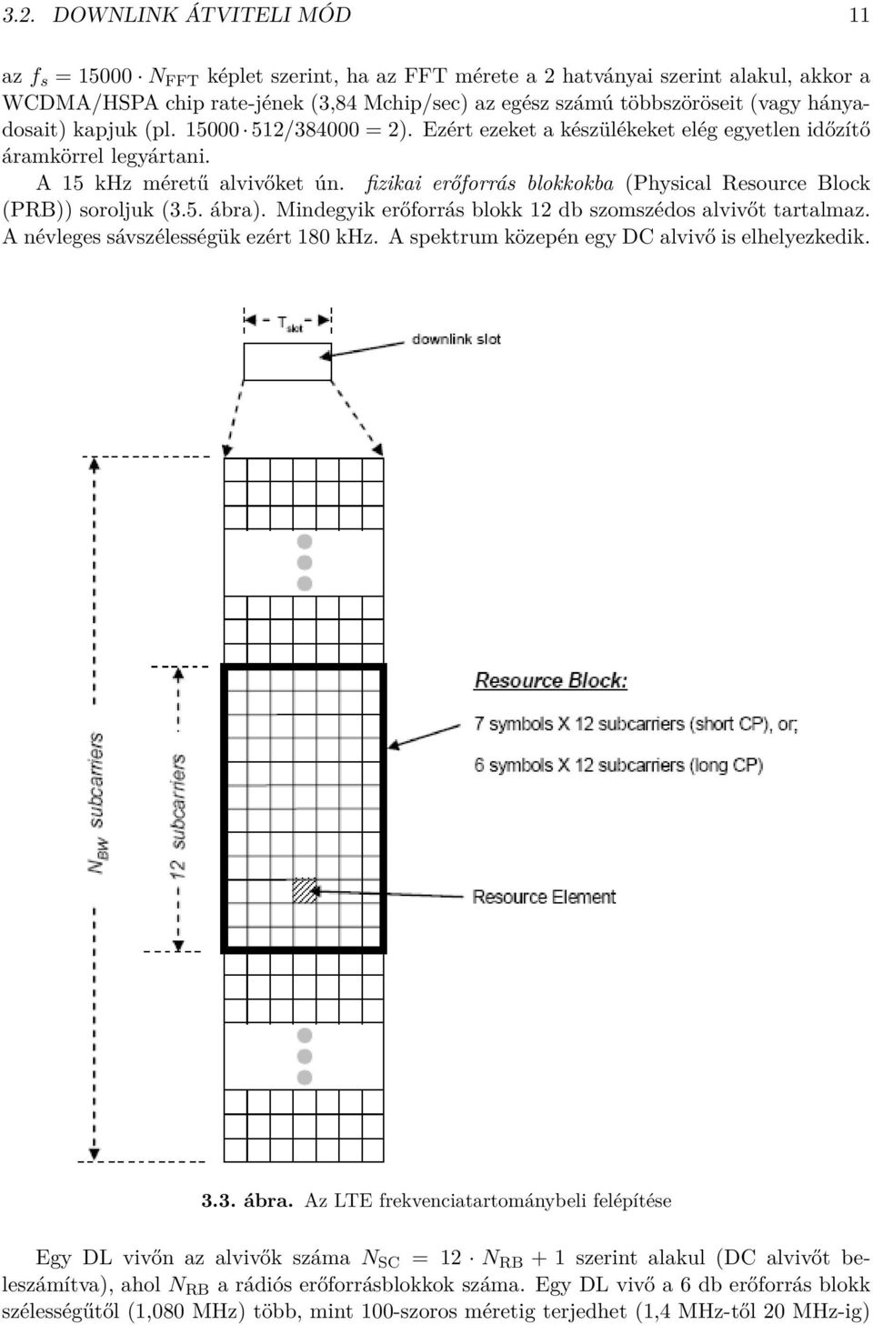 fizikai erőforrás blokkokba (Physical Resource Block (PRB)) soroljuk (3.5. ábra). Mindegyik erőforrás blokk 12 db szomszédos alvivőt tartalmaz. A névleges sávszélességük ezért 180 khz.