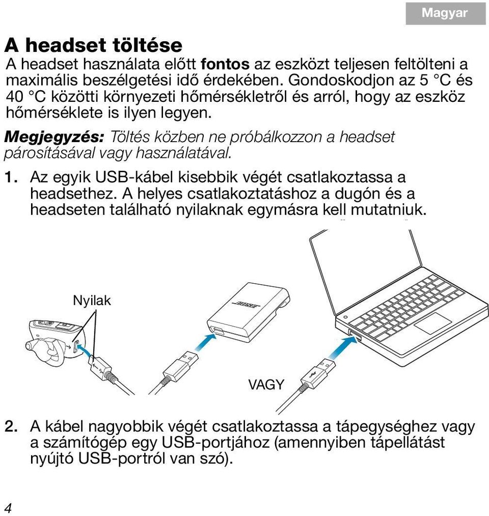 Megjegyzés: Töltés közben ne próbálkozzon a headset párosításával vagy használatával. 1. Az egyik USB-kábel kisebbik végét csatlakoztassa a headsethez.