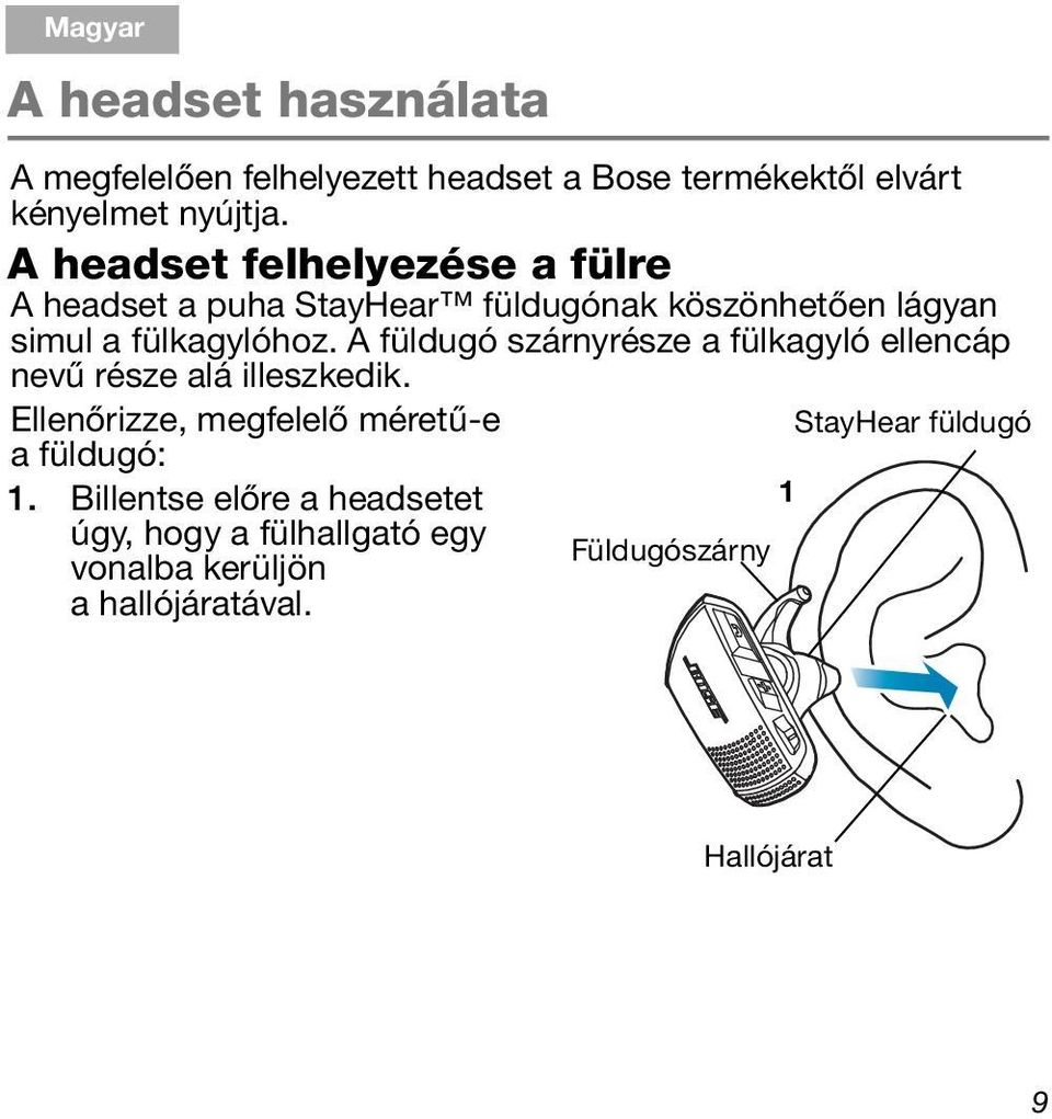 A headset felhelyezése a fülre A headset a puha StayHear füldugónak köszönhetően lágyan simul a fülkagylóhoz.