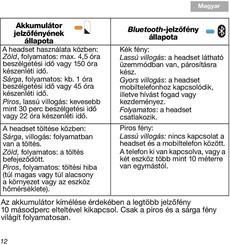 Piros, lassú villogás: kevesebb mint 30 perc beszélgetési idő vagy 22 óra készenléti idő. A headset töltése közben: Sárga, villogás: folyamatban van a töltés. Zöld, folyamatos: a töltés befejeződött.