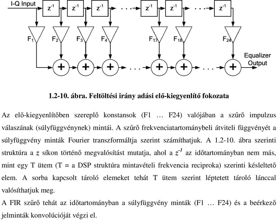 ábra szerinti struktúra a z síkon történı megvalósítást mutatja, ahol a z -1 az idıtartományban nem más, mint egy T ütem (T = a DSP struktúra mintavételi frekvencia reciproka)